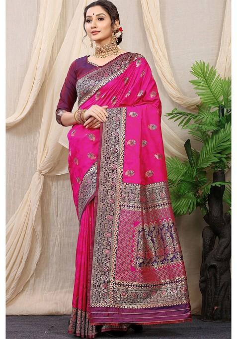 Pink Floral Motif Woven Zari Pure Banarasi Silk Saree Set