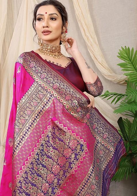 Pink Floral Motif Woven Zari Pure Banarasi Silk Saree Set