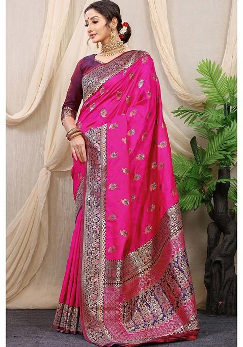 Pink Floral Motif Woven Zari Pure Banarasi Silk Saree Set