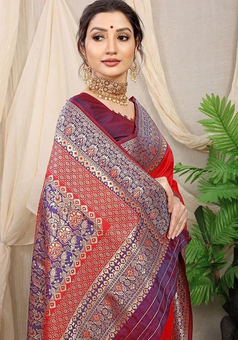 Red Floral Motif Woven Zari Pure Banarasi Silk Saree Set