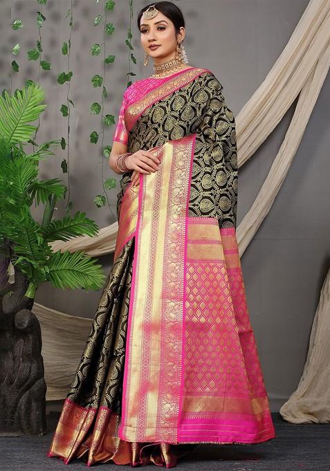 Black Ethnic Motifs Woven Zari Pure Banarasi Silk Saree Set