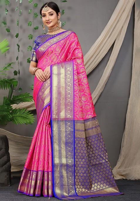 Pink Ethnic Motifs Woven Zari Pure Banarasi Silk Saree Set