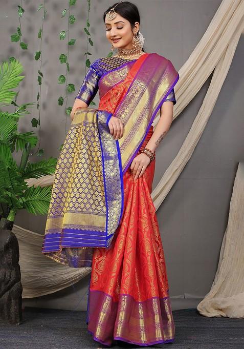 Red Ethnic Motifs Woven Zari Pure Banarasi Silk Saree Set