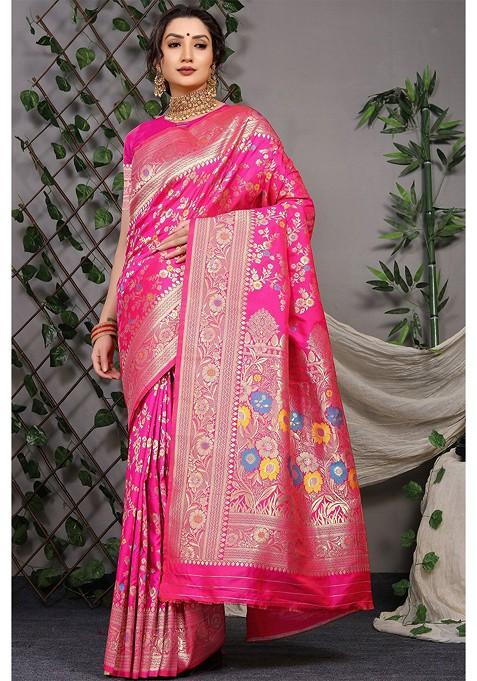 Pink Woven Zari Pure Banarasi Silk Saree Set