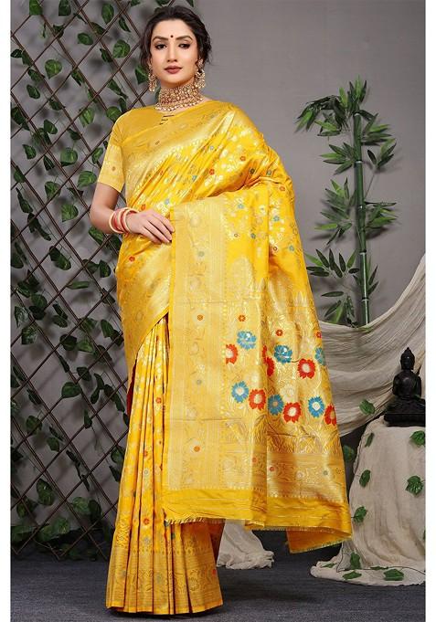 Yellow Floral Woven Zari Pure Banarasi Silk Saree Set