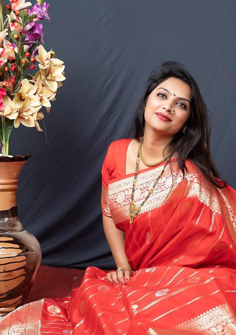 Red Woven Zari Pure Banarasi Silk Saree Set