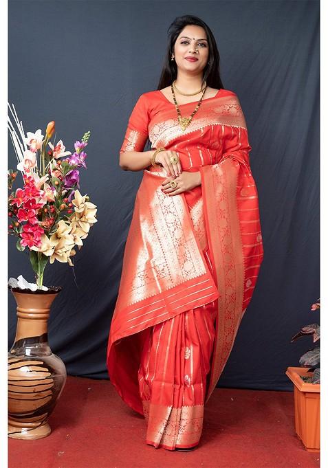 Red Woven Zari Pure Banarasi Silk Saree Set