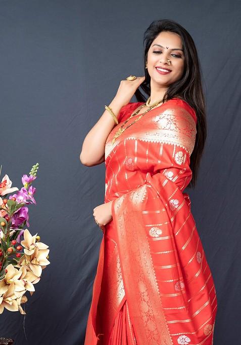 Red Woven Zari Pure Banarasi Silk Saree Set