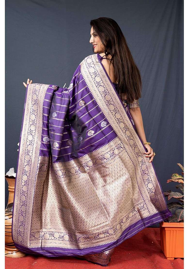Purple Woven Zari Pure Banarasi Silk Saree Set - Indya