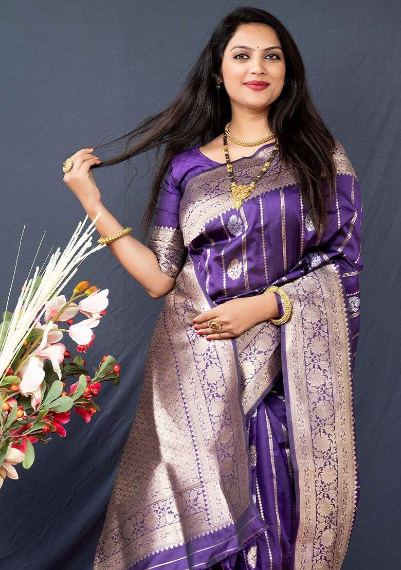 Purple Woven Zari Pure Banarasi Silk Saree Set - Indya