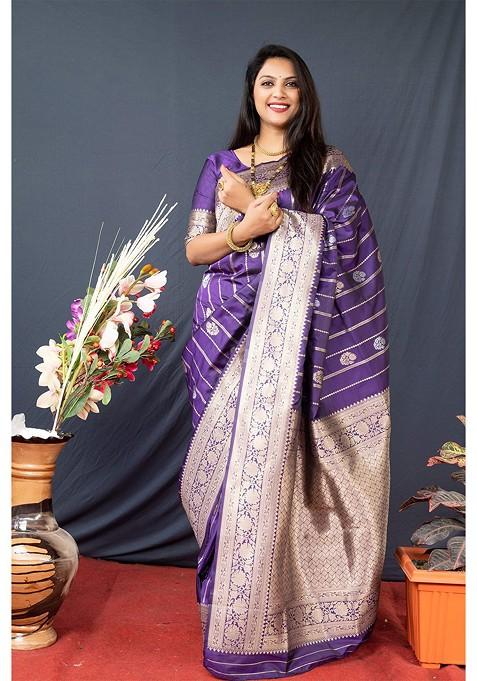 Purple Woven Zari Pure Banarasi Silk Saree Set