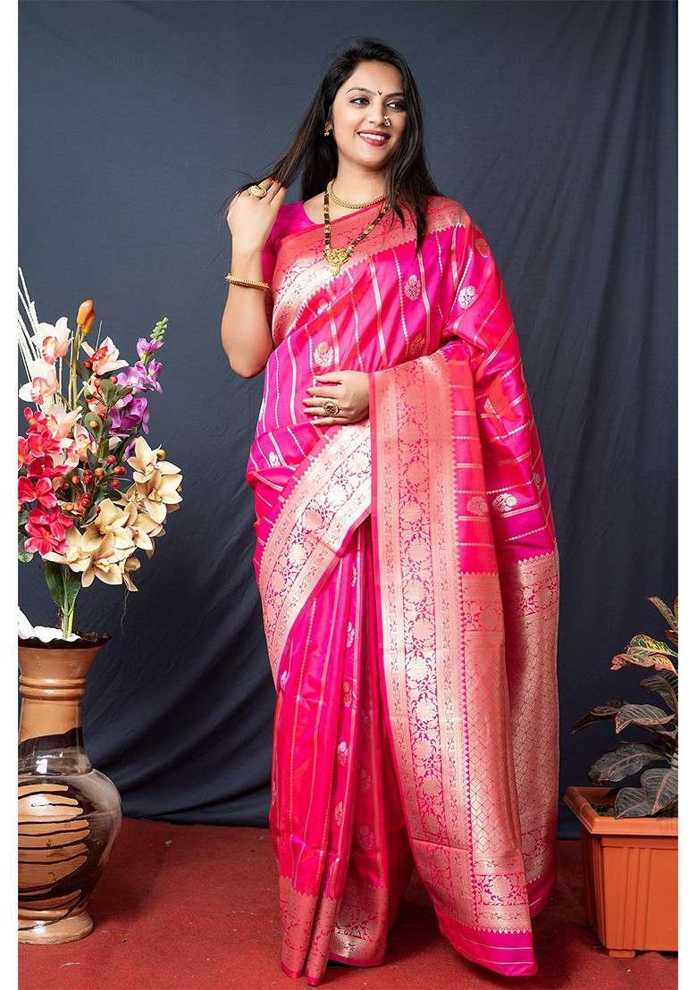 Pink Woven Zari Pure Banarasi Silk Saree Set - Indya