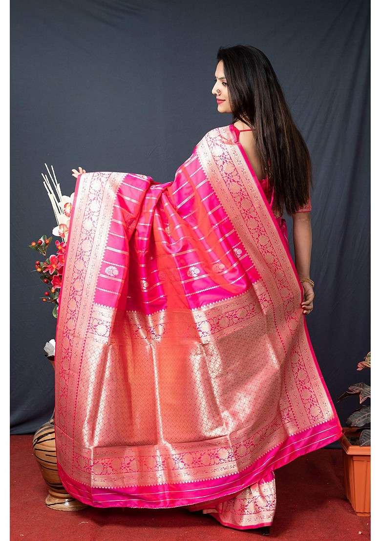 Pink Woven Zari Pure Banarasi Silk Saree Set - Indya