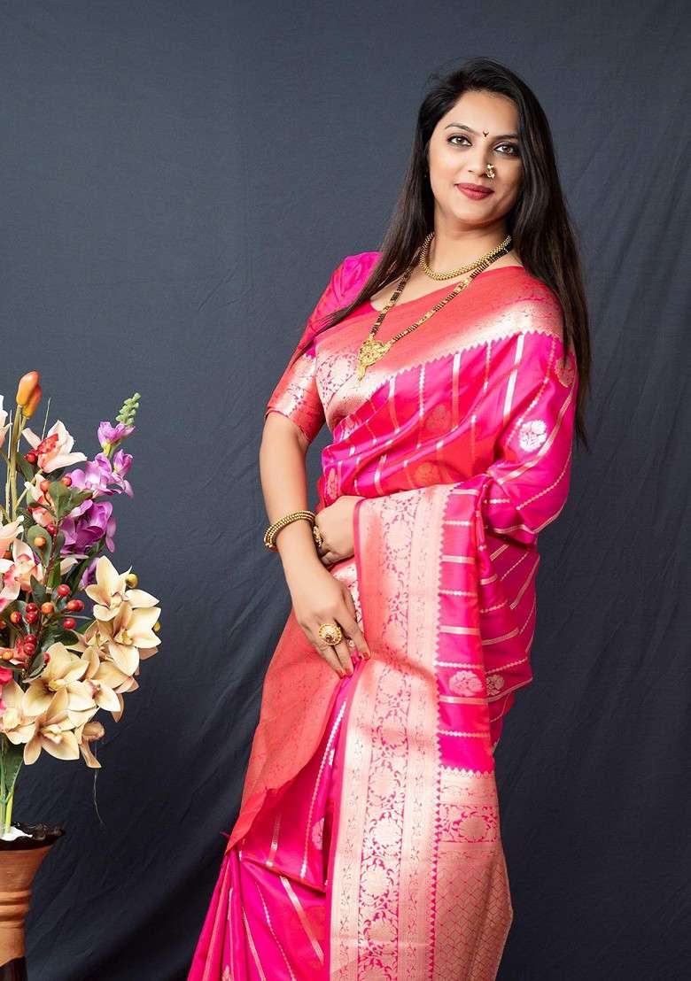 Pink Woven Zari Pure Banarasi Silk Saree Set - Indya