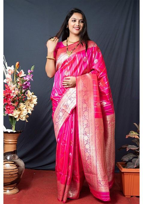 Pink Woven Zari Pure Banarasi Silk Saree Set