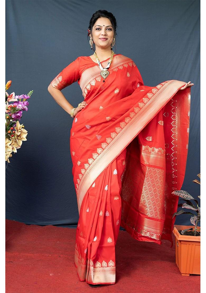 Orange And Golden Woven Zari Pure Banarasi Silk Saree Set