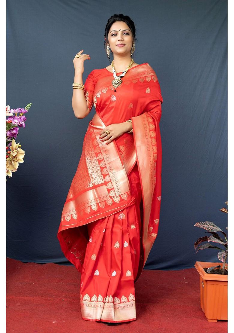 Orange And Golden Woven Zari Pure Banarasi Silk Saree Set