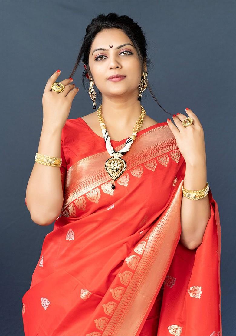 Orange And Golden Woven Zari Pure Banarasi Silk Saree Set