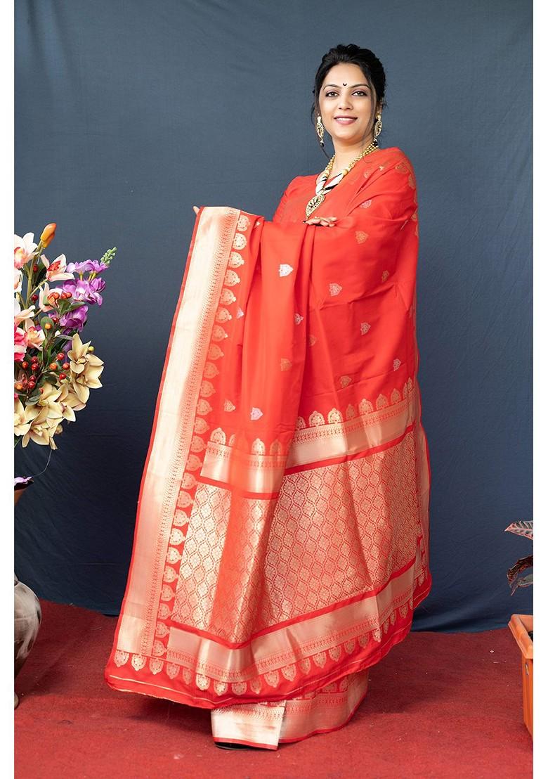 Orange And Golden Woven Zari Pure Banarasi Silk Saree Set - Indya