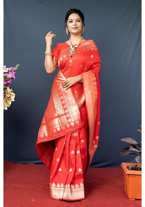 Orange And Golden Woven Zari Pure Banarasi Silk Saree Set