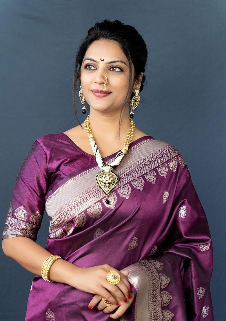 Maroon And Silver Woven Zari Pure Banarasi Silk Saree Set