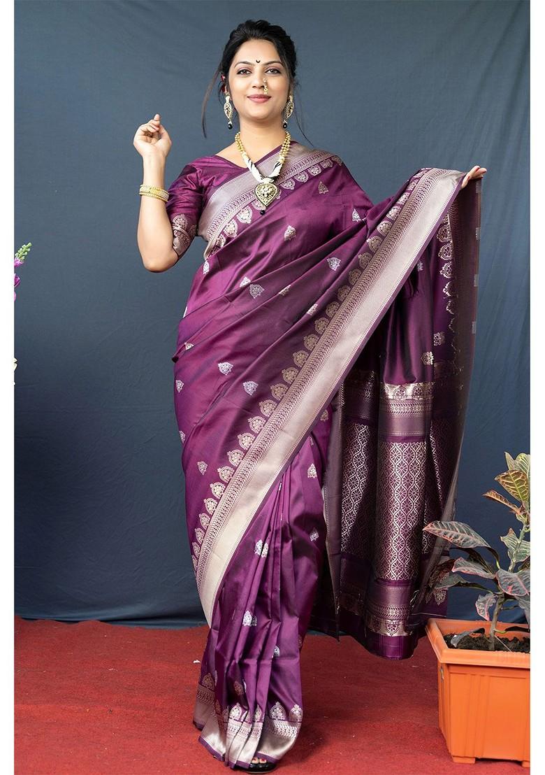 Maroon And Silver Woven Zari Pure Banarasi Silk Saree Set