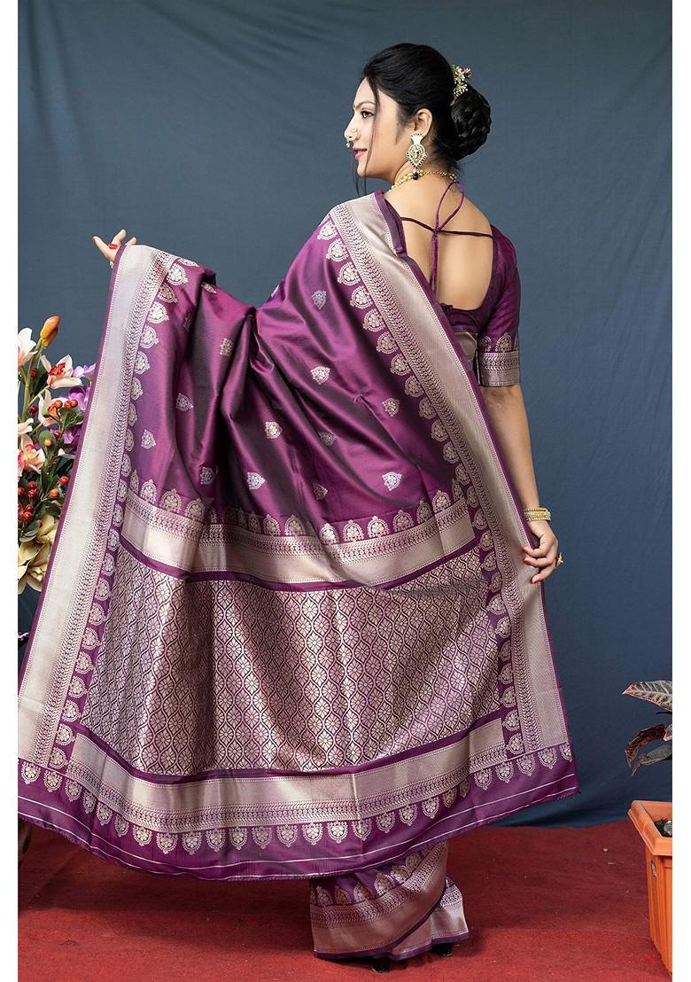 Maroon And Silver Woven Zari Pure Banarasi Silk Saree Set