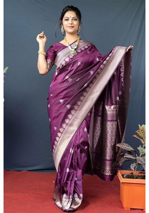 Maroon And Silver Woven Zari Pure Banarasi Silk Saree Set