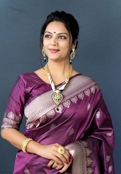 Maroon And Silver Woven Zari Pure Banarasi Silk Saree Set
