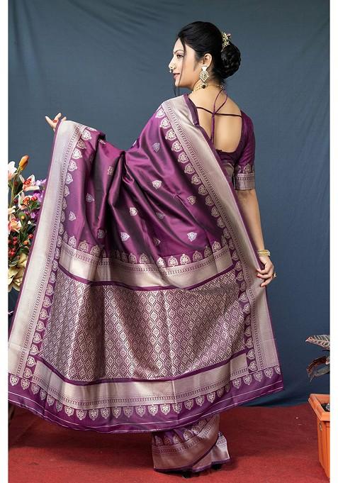 Maroon And Silver Woven Zari Pure Banarasi Silk Saree Set