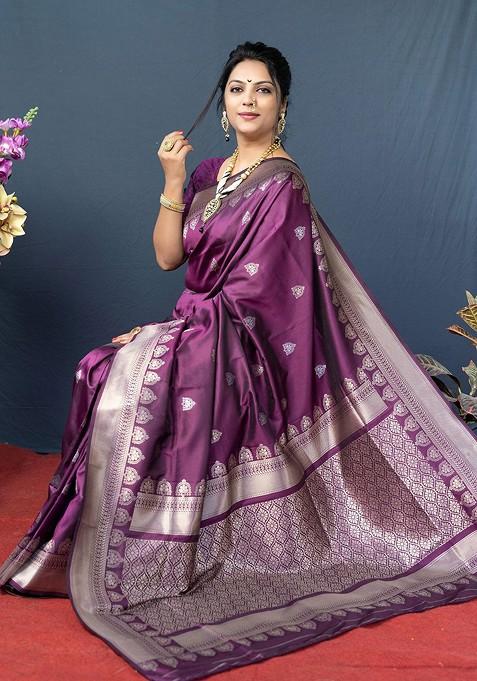Maroon And Silver Woven Zari Pure Banarasi Silk Saree Set