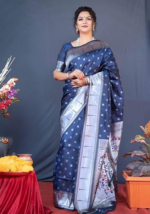 Navy Blue Floral Woven Zari Pure Banarasi Silk Saree Set