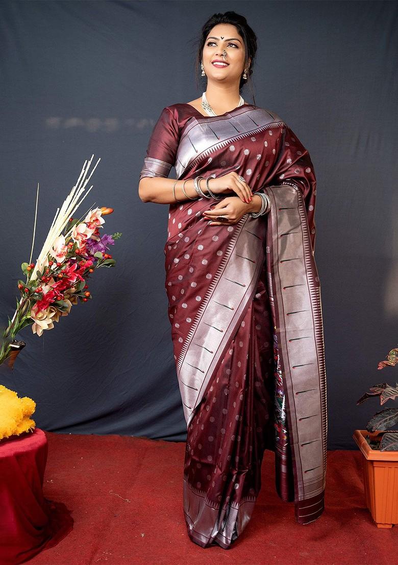 Maroon Floral Woven Zari Pure Banarasi Silk Saree Set
