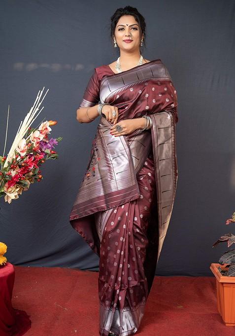 Maroon Floral Woven Zari Pure Banarasi Silk Saree Set