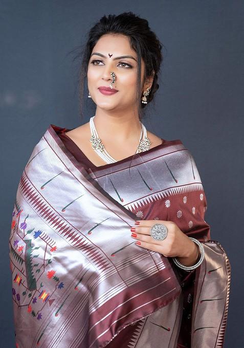 Maroon Floral Woven Zari Pure Banarasi Silk Saree Set