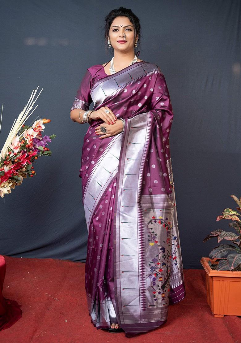 Violet Floral Woven Zari Pure Banarasi Silk Saree Set