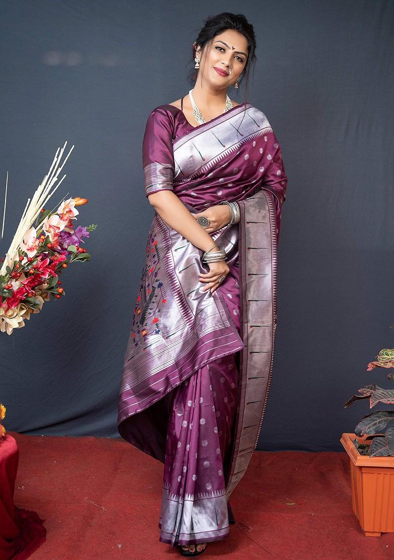Violet Floral Woven Zari Pure Banarasi Silk Saree Set