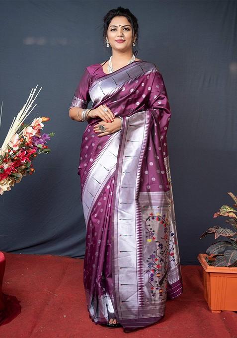 Violet Floral Woven Zari Pure Banarasi Silk Saree Set