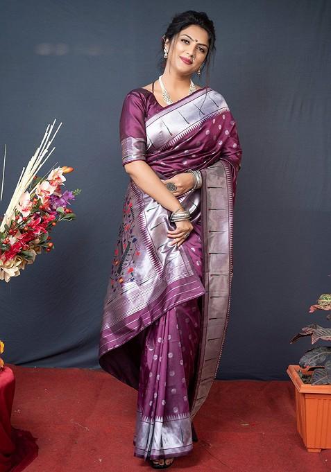 Violet Floral Woven Zari Pure Banarasi Silk Saree Set