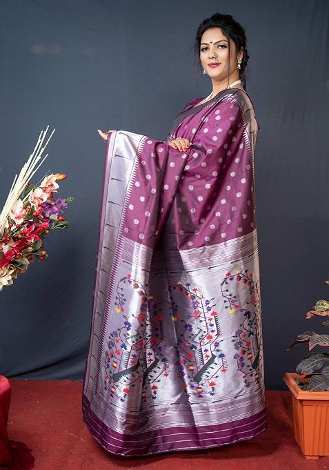 Violet Floral Woven Zari Pure Banarasi Silk Saree Set