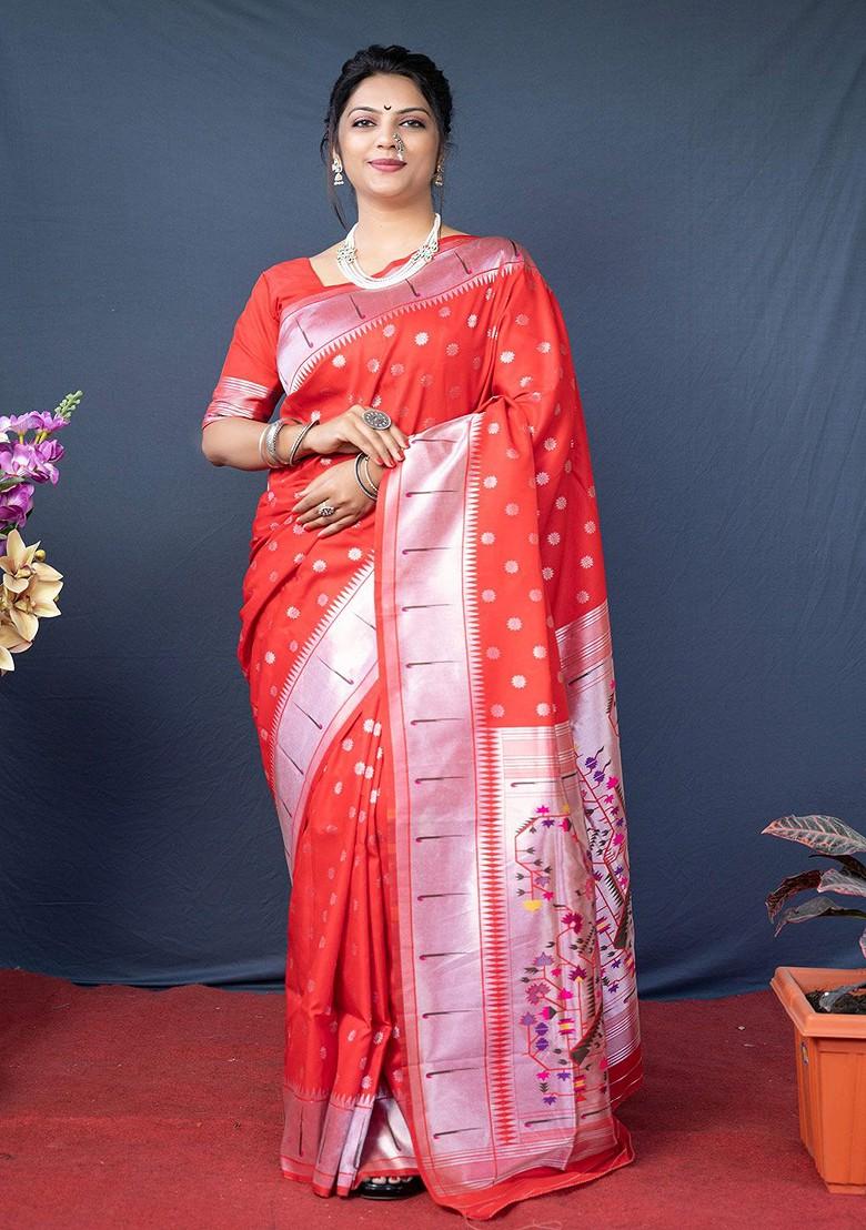 Red Floral Woven Zari Pure Banarasi Silk Saree Set