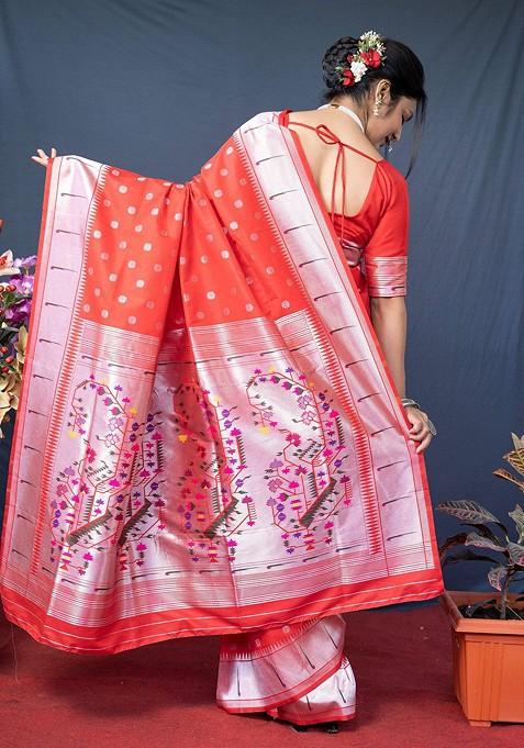 Red Floral Woven Zari Pure Banarasi Silk Saree Set