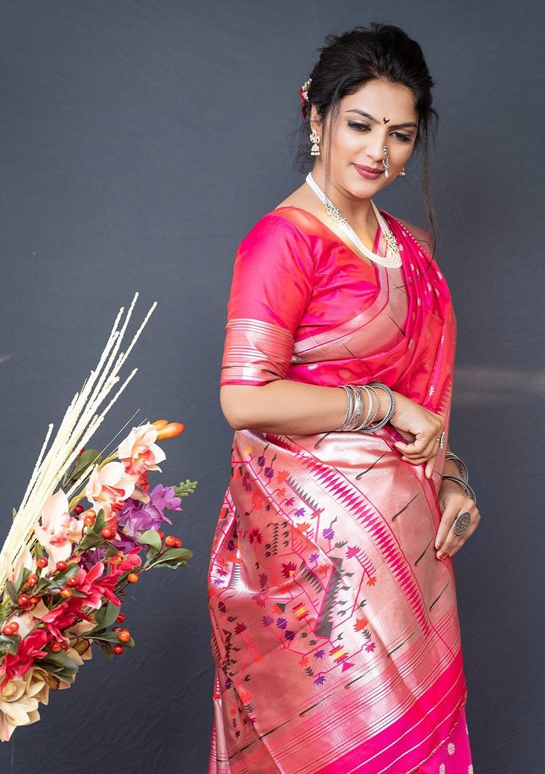 Pink Floral Woven Zari Pure Banarasi Silk Saree Set