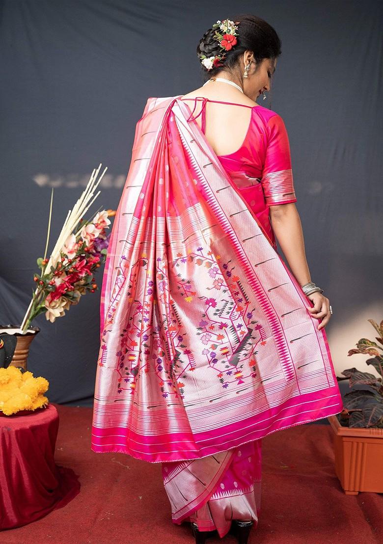 Pink Floral Woven Zari Pure Banarasi Silk Saree Set