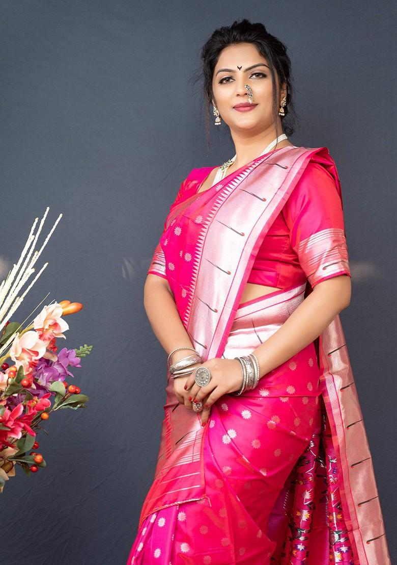 Pink Floral Woven Zari Pure Banarasi Silk Saree Set