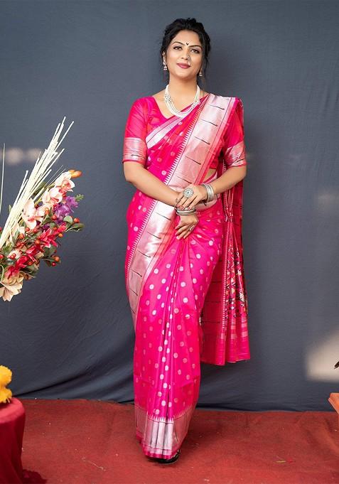 Pink Floral Woven Zari Pure Banarasi Silk Saree Set