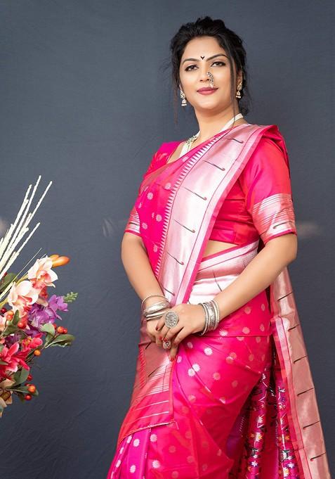 Pink Floral Woven Zari Pure Banarasi Silk Saree Set