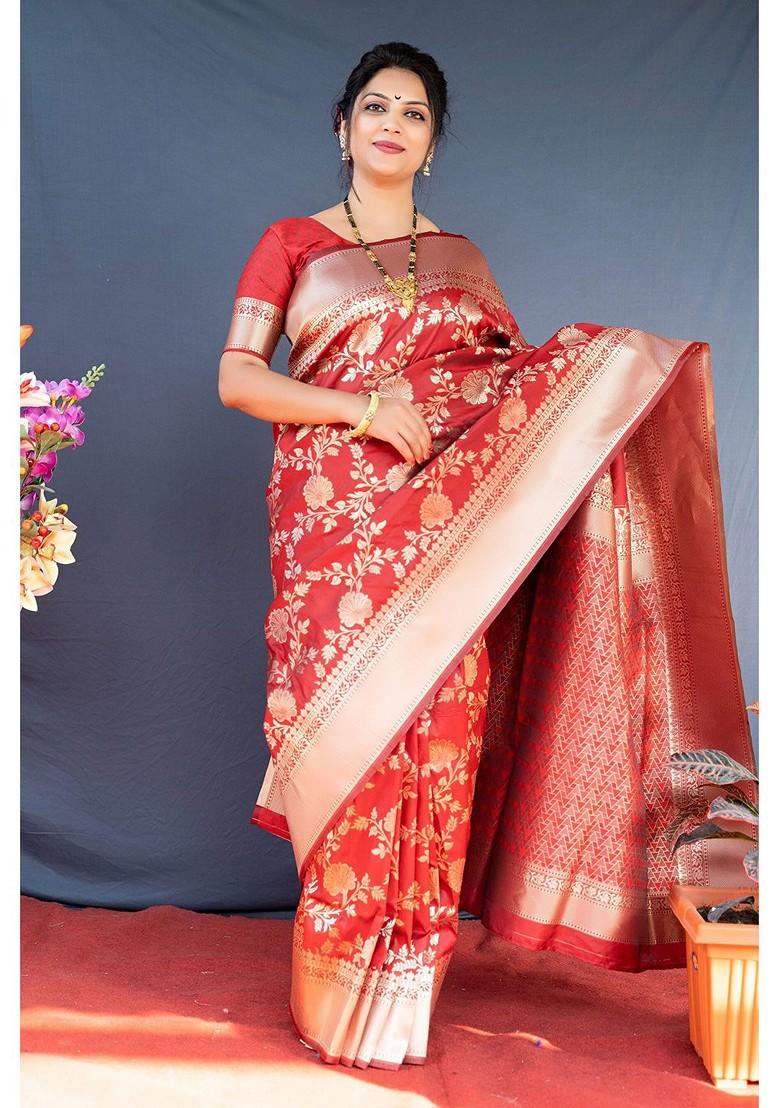 Red Floral Woven Zari Pure Banarasi Silk Saree Set