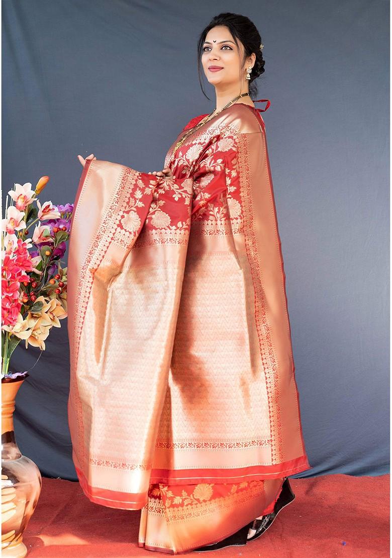 Red Floral Woven Zari Pure Banarasi Silk Saree Set