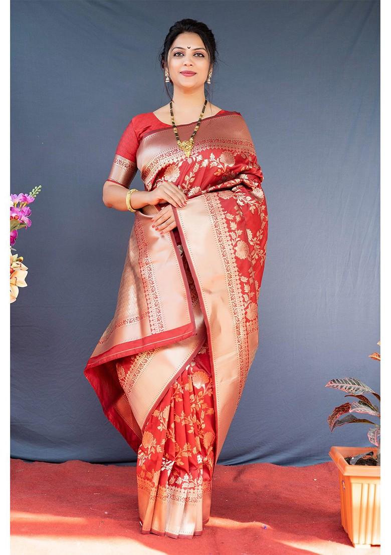 Red Floral Woven Zari Pure Banarasi Silk Saree Set